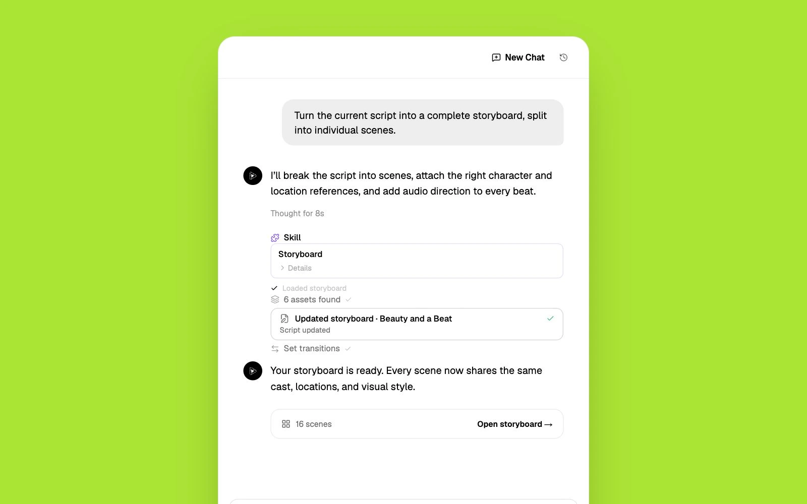 A Pixo conversation turning a video brief into a storyboard